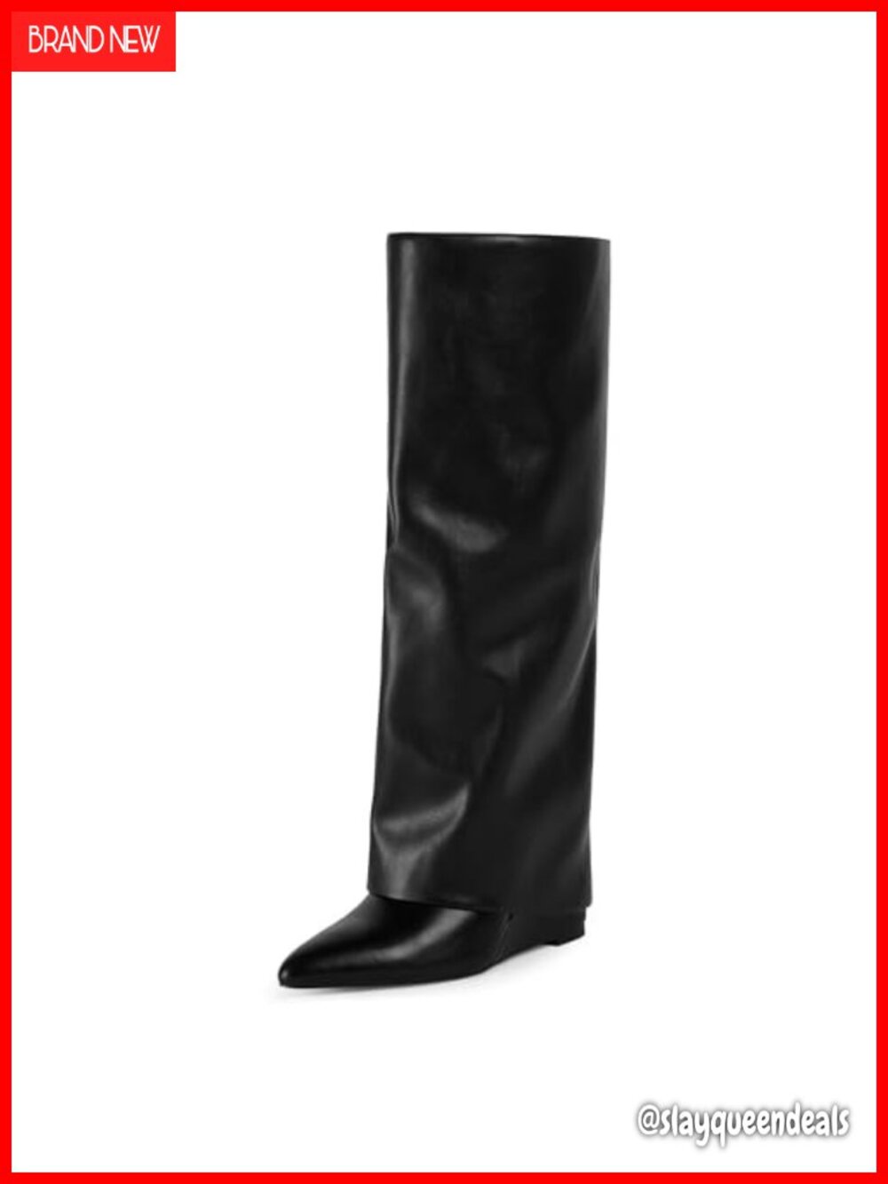 Womens Fold Over Knee High Boots Faux Leather Wedge Heel Pointed Toe Tall